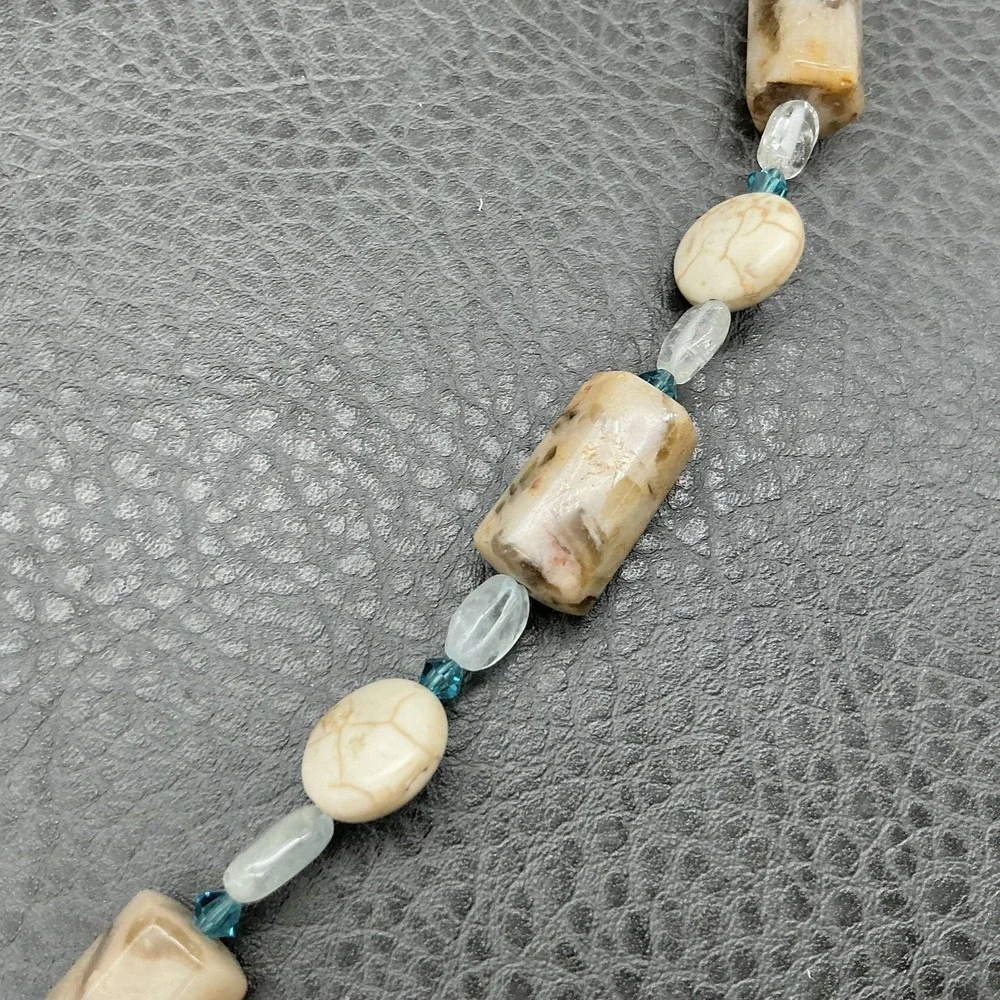 Geode Druzy Quartz Pendant Beaded Necklace Fossil Jasper Aqua Glass Beads Boho